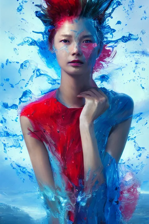 Prompt: 3 d, sci - fi, morning, smiling fashion model face, sun, cinematic, lightning clouds, vogue cover style, water, light red and deep blue mood, realistic painting, intricate oil painting, high detail, figurative art, multiple exposure, poster art, 3 d, by tooth wu and wlop and beeple and greg rutkowski