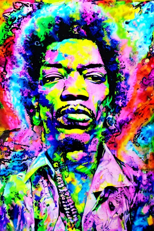 Image similar to Jimi Hendrix acrylic paint pour, watercolor, marbling, graffiti, very detailed, large white border, 144x144 canvas, hd, high resolution print :1 CMYK :1