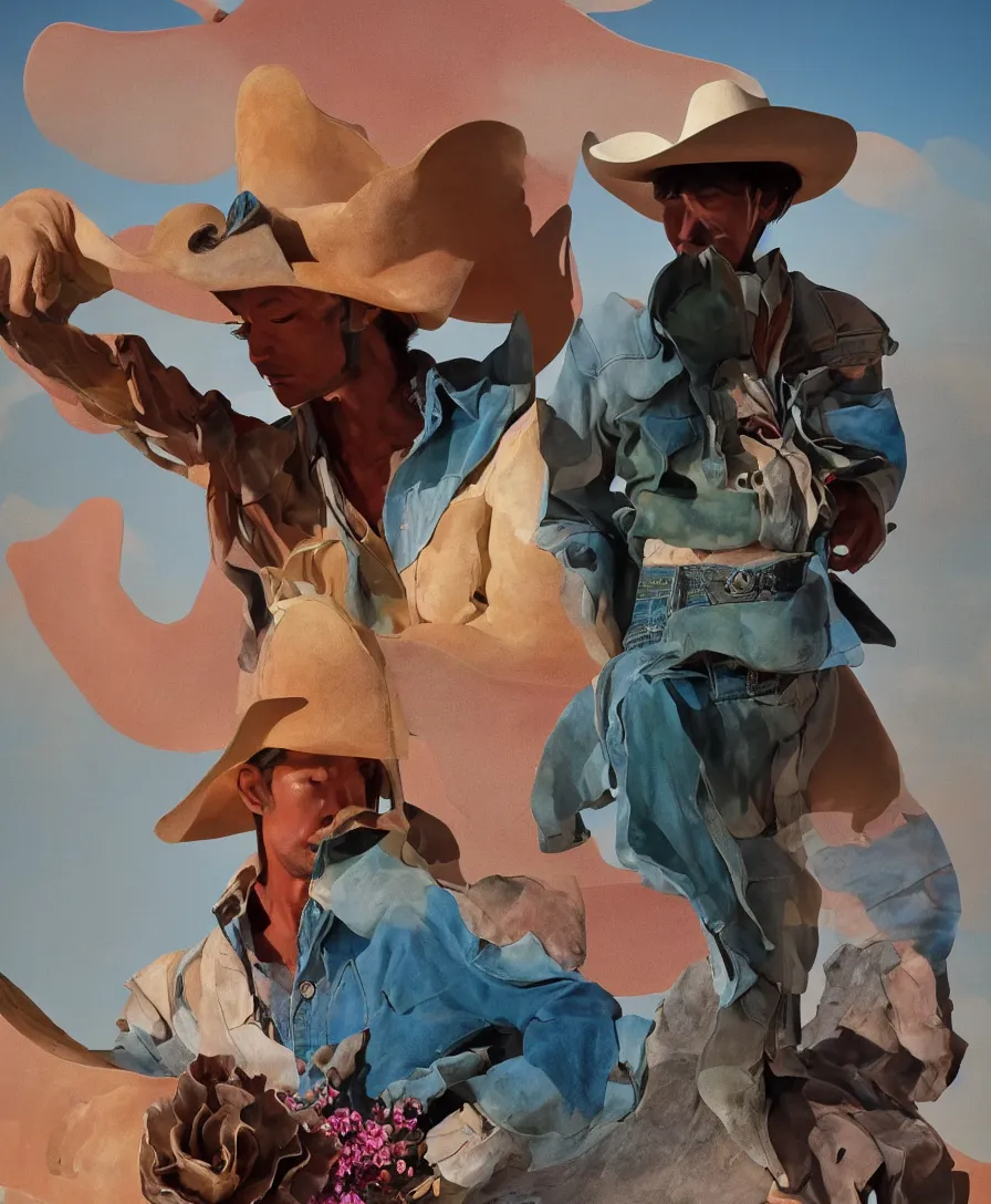 Image similar to a cowboy turning into blooms by slim aarons, by zhang kechun, by lynda benglis. tropical sea slugs, angular sharp tractor tires. complementary bold colors. photo of a manly cowboy. warm soft volumetric dramatic light. national geographic. 8 k, rendered in octane, smooth gradients. angular sculpture by antonio canova by gian lorenzo bernini.