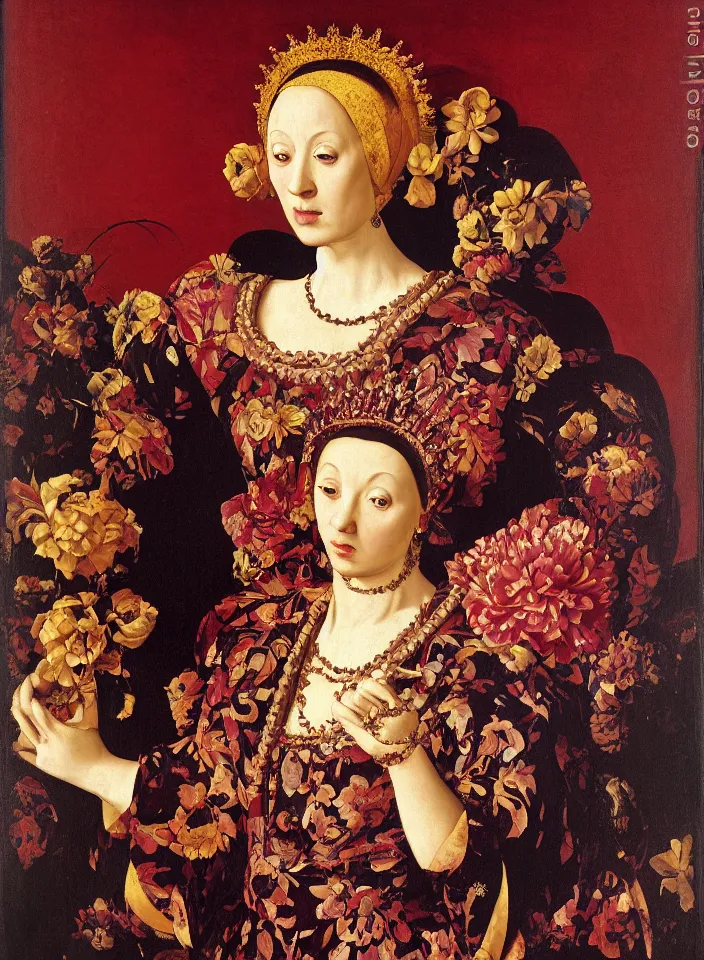 Prompt: portrait of a woman with a golden skull instead of a head with a big crown and in a dress of big purple peony petals, oil painting in a renaissance style , very detailed, red background, painted by Caravaggio.