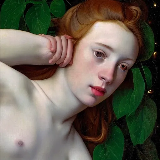 Image similar to portrait of a young woman, among the lights of golden fireflies and nature, long loose red hair, intricate details, green eyes, hint of freckles, round gentle face, happy, deep focus, smooth, sharp, golden ratio, hyper realistic digital art by artemisia lomi gentileschi and caravaggio and artgerm