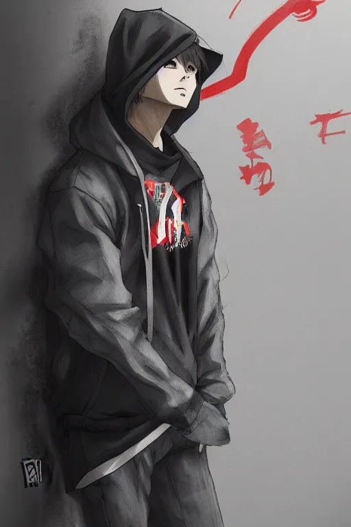 Image similar to anime young guy wearing black hoodie leaning against a wall with japanese graffiti, wlop, concept art, digital painting, trending on artstation, highly detailed, epic composition, 8 k uhd