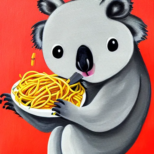 Prompt: a painting of a koala eating spaghetti in toon art style