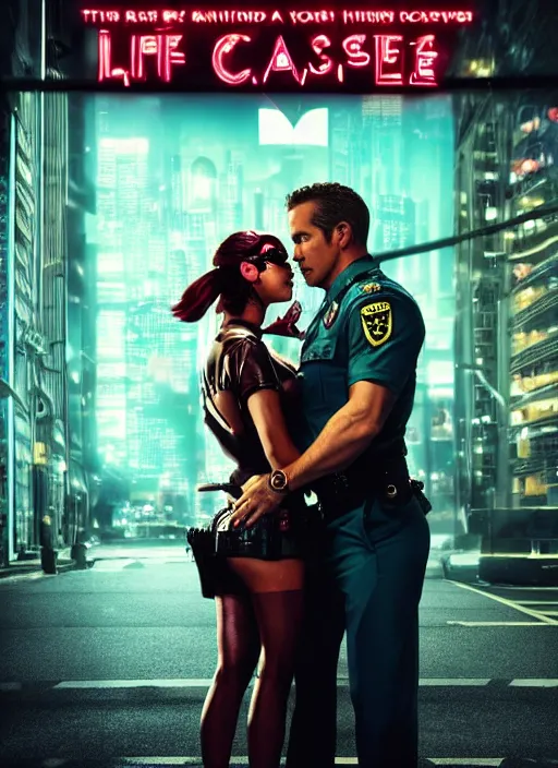 Image similar to poster for a romantic movie featuring ryan reynolds as sgt chase meeting the love of his life tiffany in prison, cyberpunk setting, 4 k resolution, on on imax