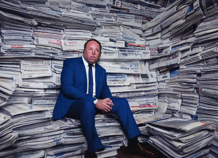 Prompt: dslr photo still of infowars host alex jones in a blue suit sitting depressed in a room filled to the ceiling with newspapers, 5 2 mm f 5. 6