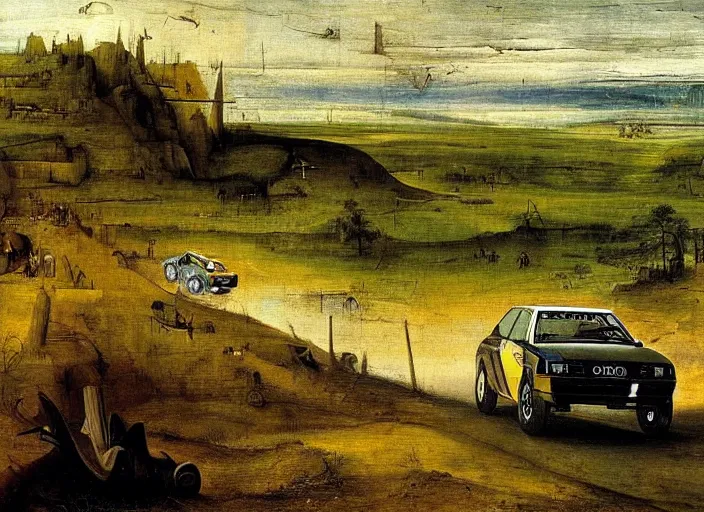 Prompt: Audi Quattro Sport racing across dusty dirt road morning sun rise rally race Nebraska landscape beautiful painting by Hieronymus Bosch