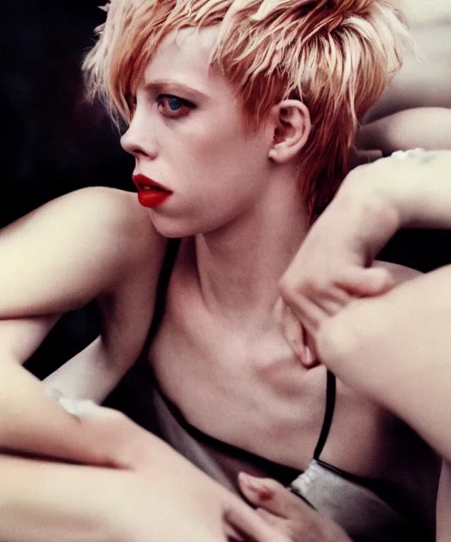 Image similar to a color photograph of edie campbell, bleached blonde short hair, by nan goldin, intense, bold, hyperrealistic, ultra sharp, extra details, ultra high quality, trending on pinteresst