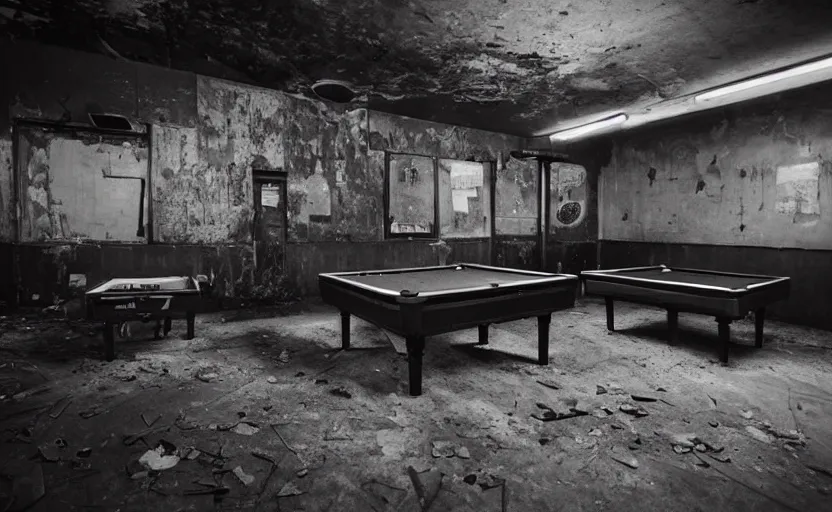 Prompt: a dark photo of old pool tables in an abandoned 5 0 s bar in new vegas by lori nix