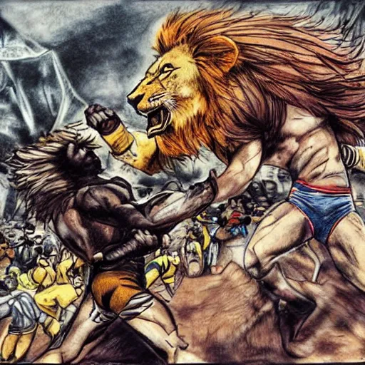 Image similar to one hero wrestling with one lion in the middle of an arena, crowd of people, pencil art, added detail, high definiton, colored, aerial viewyoji shinkawa