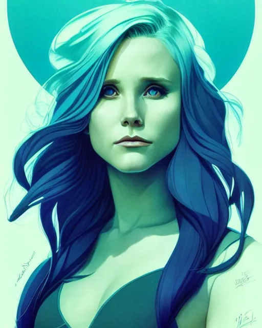 Prompt: style artgerm, joshua middleton, beautiful kristen bell with green dress, very long blue hair, symmetrical face, symmetrical eyes, water powers water swirling, detailed, beach setting, cinematic lighting