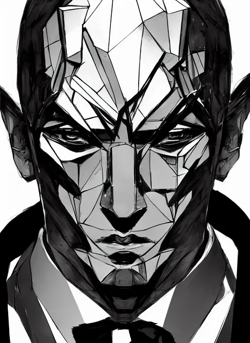 Image similar to Half body portrait of a god of intellect, a man in a tuxedo wearing a shattered mirror mask. In style of Yoji Shinkawa and Hyung-tae Kim, trending on ArtStation, dark fantasy, great composition, concept art, highly detailed, dynamic pose.