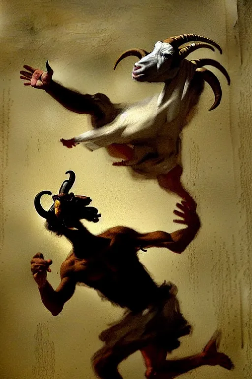 Prompt: dancing man with a goat head by francisco de goya and greg rutkowski