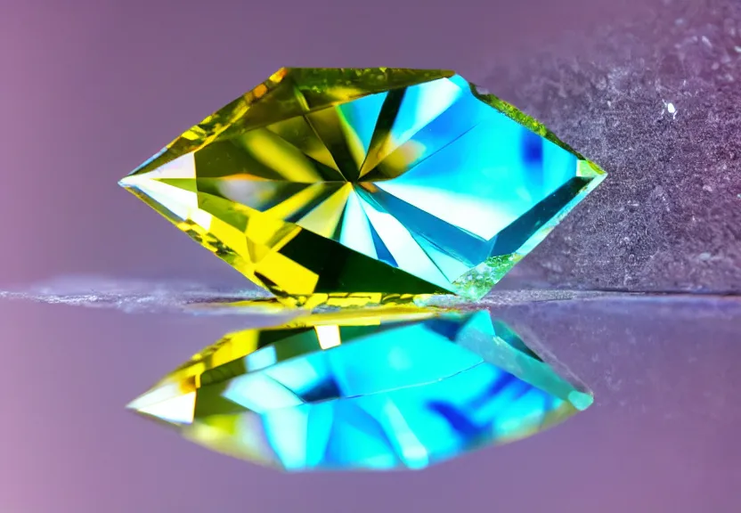 Prompt: a symmetrical gemstone reflection with high refraction, glass, mirroring, shining, diamond, topaz, nature, photo, motion blur, macro shot, soft, detailed, abstract, symmetrical composition, high quality, horizontal symmetry