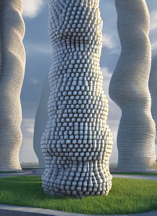 Image similar to highly detailed realistic architecture 3 d render of a futurisctic stele column monument made from spheres in frank gehry style standing in a city park, archdaily, made in unreal engine 4 octane render