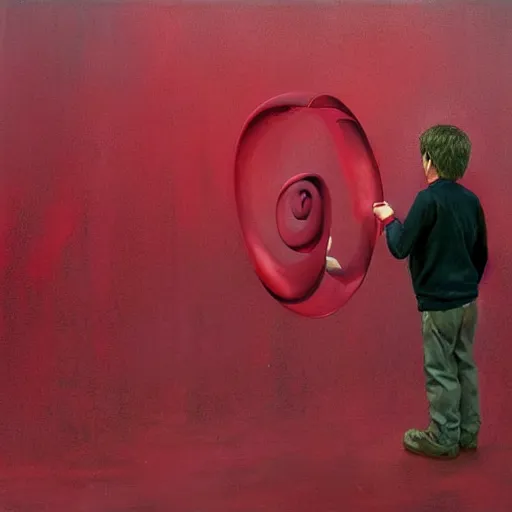 Prompt: A experimental art. A rip in spacetime. Did this device in his hand open a portal to another dimension or reality?! maroon by Lee Madgwick swirling