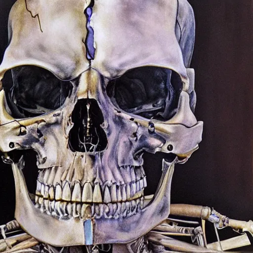 Image similar to terminator skeleton, looking away from camera, framed painting, hyperrealism vrubel