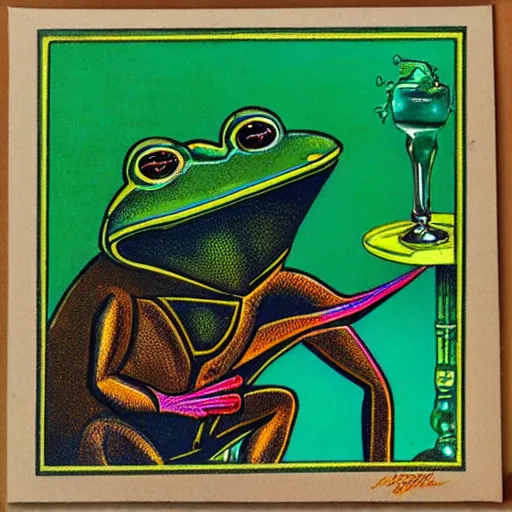 Prompt: art deco frog drinking absinthe on a spaceship