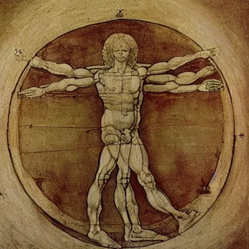 Prompt: a beautiful painting of the vitruvian man by Leonardo DaVinci