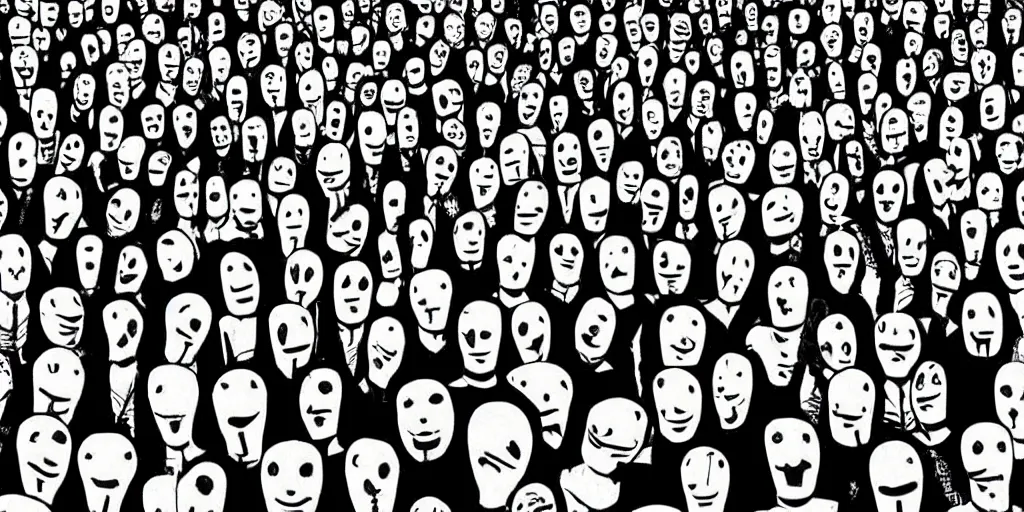 Prompt: the ghost world is full of faceless people in a faceless crowd, with black “emotion” lines on their featureless heads allowing you to appreciate their moods