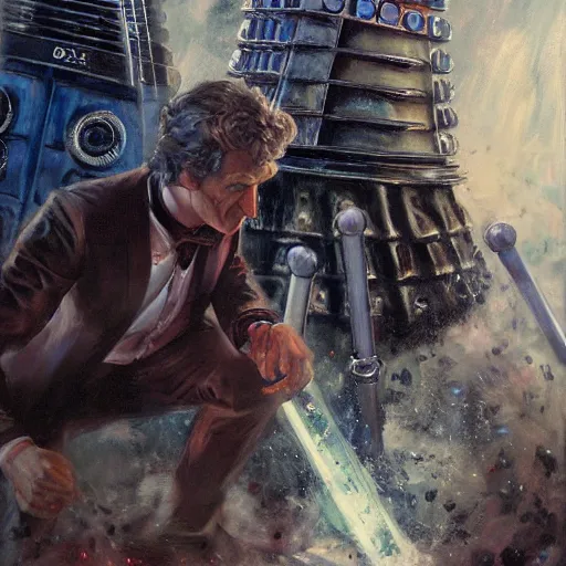 Image similar to close up of doctor who and the daleks in full leather armor, cinematographic shot, by daniel f. gerhartz