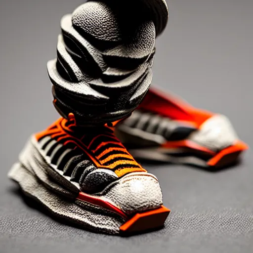 Image similar to realistic scultpure of sneaker! design, sneaker design overwatch fantasy style mixed with aztec mayan native street fashion, focus on sneakers only, shoes designed by akira toriyama and studio ghibli