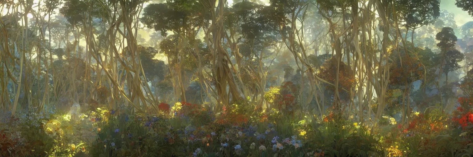 Prompt: A beautiful painting of a utopian garden and forest with supertrees by Alfons Maria Mucha and Julie Dillon and Makoto Shinkai