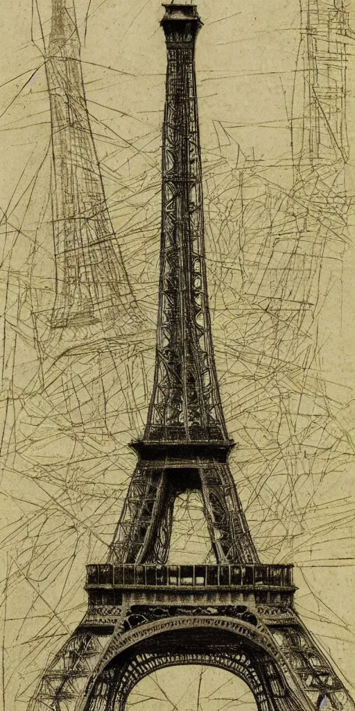 Image similar to architectural design studies of Eiffel Tower, different closeup view, drawn by Leonardo da Vinci, ancient ink draw, artistic, intricated