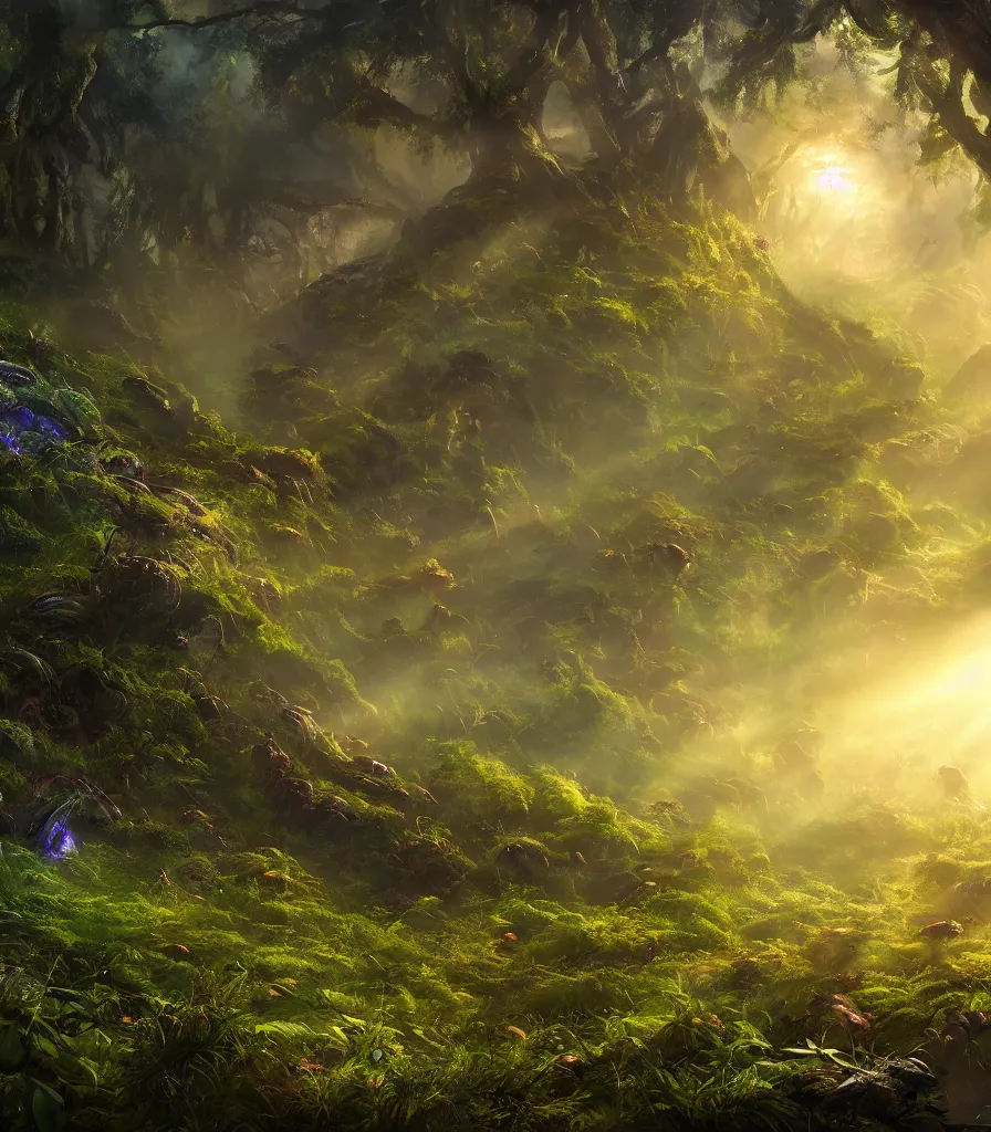 Prompt: a lush alien clearing, alien forest in background, otherworldly, wide angle, flowers, cinematic, very detailed, glow, god rays, night, vivid, featured on artstation, 4k