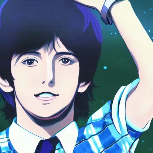 Image similar to anime illustration of young Paul McCartney from the Beatles, wearing a blue and white check shirt, silver sports watch, outdoors at a music festival, relaxing and smiling at camera, white clouds, ufotable