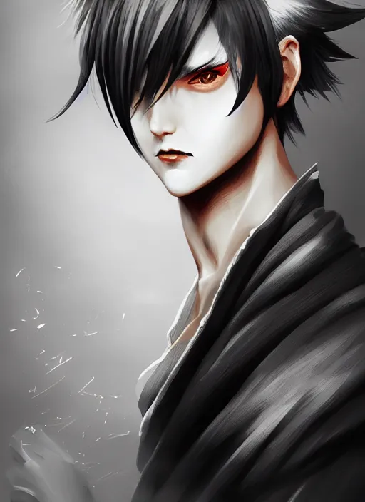 Prompt: a highly detailed illustration of fierce short white haired young japanese man wearing hakama, black sclera eyes, dramatic serious pose, intricate, elegant, highly detailed, centered, digital painting, artstation, concept art, smooth, sharp focus, league of legends concept art, wlop