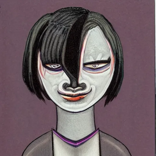 Image similar to a dark elf with a scarred up face, a bob haircut and bushy eyebrows smirking in the style of vito acconci