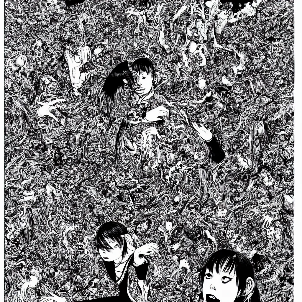 Image similar to horrors beyond comprehension, vile, grotesque, art by junji ito, yuki fujisawa, shintaro kago, intricate, black and white, highly detailed