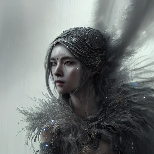 Prompt: beautiful extremely detailed intricate concept art depicting a warrior by wlop. shining jewelry. grey atmosphere. particles in the background. bcy. net