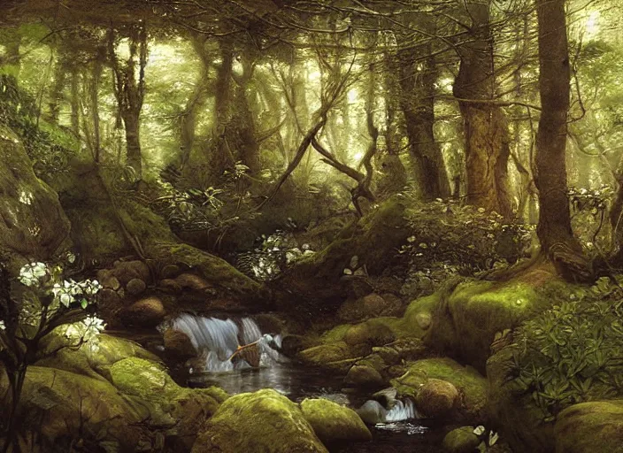 Image similar to airy forest glade ( wide and clear ). dream - like atmosphere ( time seems to dawdle ). cheery stream ( runs through glade, bubbling over rocks ).. edgar maxence and caravaggio and michael whelan and delacroix style, artistic, intricate painting, cinematic lighting, hyper realistic, extremely detailed, vivid colors, establishing shot, dramatic lighting