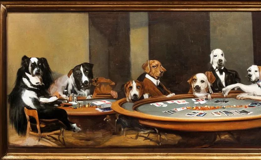 Prompt: oil painting by cassius marcellus coolidge of some dogs playing poker.