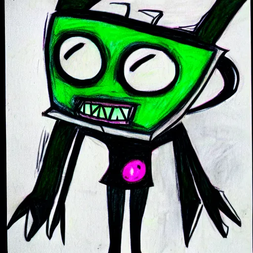 Prompt: a children's drawing of invader zim, crayon, paper,