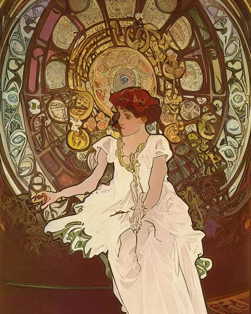 Image similar to painting alphonse mucha, the interior of an opera house, the audience in a dark hall, a singer in a white dress on a lighted stage with an orchestra, soft cinematic lighting, a palette of pastel colors