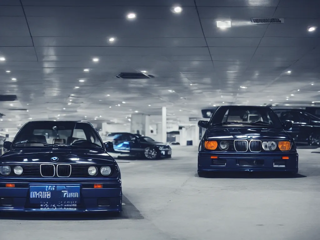 Prompt: a modified vibrant dark blue bmw e 3 0 with lights on in a futuristic neon parking garage, photography, car photography, clean lines, realistic, depth of view