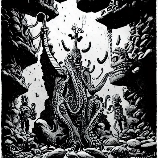 Prompt: Fishmen worship a statue of Cthulu in a dark cave. D&D. Pen and ink. Black and white. Mike Mignola, Erol Otus, Larry Elmore.