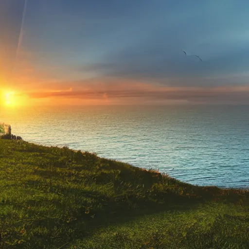 Prompt: beautiful house with sea view, sunset, wide shot, in forest in background, canvas, cinematic, kodak ektar, wide angle, f / 2 2, lens flare, high contrast, 4 k, full - hd, sunlight, ray tracing global illumination, ray tracing reflections