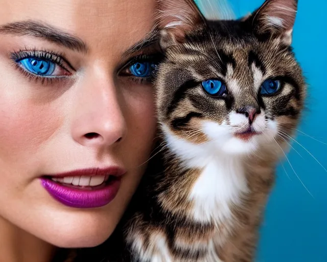 Image similar to A photo of margot robbie holding a beautiful cat, highly detailed, detailed face, beautiful face, blue eyes, 4k, hd, sharp, cinematic