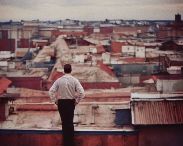 Image similar to lomo photo of man standing on the roof of soviet hrushevka, small town, cinestill, bokeh, out of focus