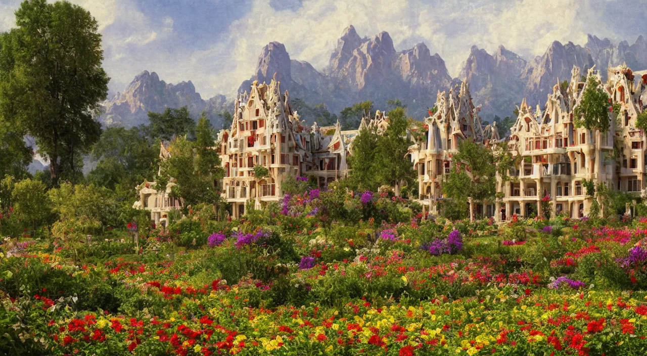 Image similar to a manor designed by Antoni Gaudí, with flower fields as foreground, with mountains as background, by Thomas Cole