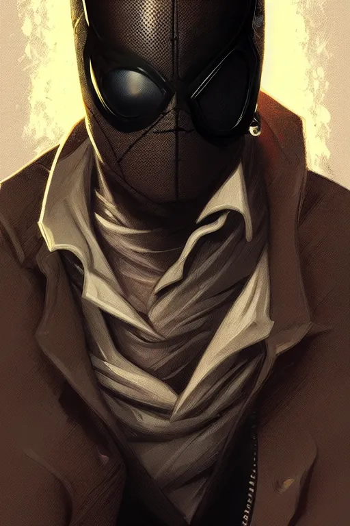 Prompt: a portrait of spider - man noir, fantasy, sharp focus, intricate, elegant, digital painting, artstation, matte, highly detailed, concept art, illustration, ambient lighting, art by ilya kuvshinov, artgerm, alphonse mucha, and greg rutkowski