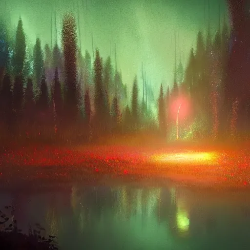 Prompt: a glowing magical sparkling swamp, firefly, dark, night, peaceful, digital painting.