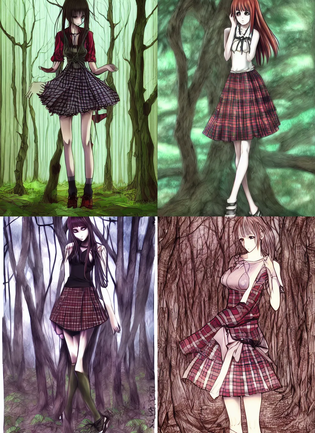Prompt: woman in plaid miniskirt standing in a dark forest, anime style, by yoshitaka amano, digital drawing