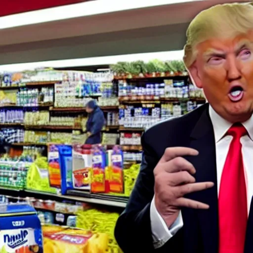 Prompt: donald trump wearing a onesie, eating peanut butter with his hands at the grocery store, cctv footage