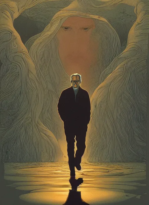 Prompt: poster artwork by Michael Whelan and Tomer Hanuka, Karol Bak of portrait of Terrence Malick, from scene from Twin Peaks, clean, simple illustration, nostalgic, domestic, full of details