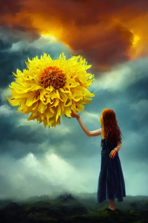 Image similar to closeup girl with giant yellow dahlia flower head, standing on mountain, surreal photography, blue storm clouds, dramatic light, impressionist painting, digital painting, artstation, simon stalenhag