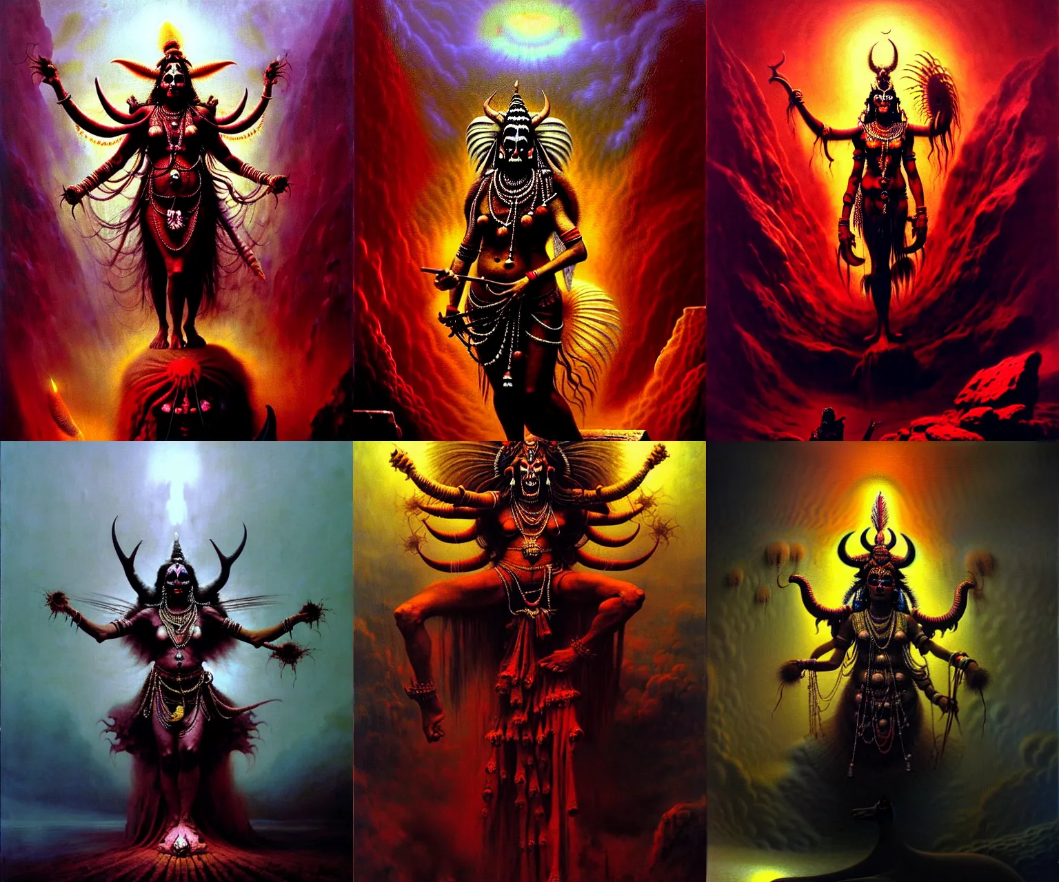 Prompt: A cinematic full-length portrait of the colossal Indian Hindu demon Satan goddess of death, by Rembrandt van Rijn, by Wayne Barlowe, by Paul Lehr, by Bruce Pennington, by Zdzisław Beksiński, oil on canvas, masterpiece, trending on artstation, featured on pixiv, cinematic composition, dramatic pose, beautiful lighting, sharp, details, details, hyper-detailed, no frames, 8K